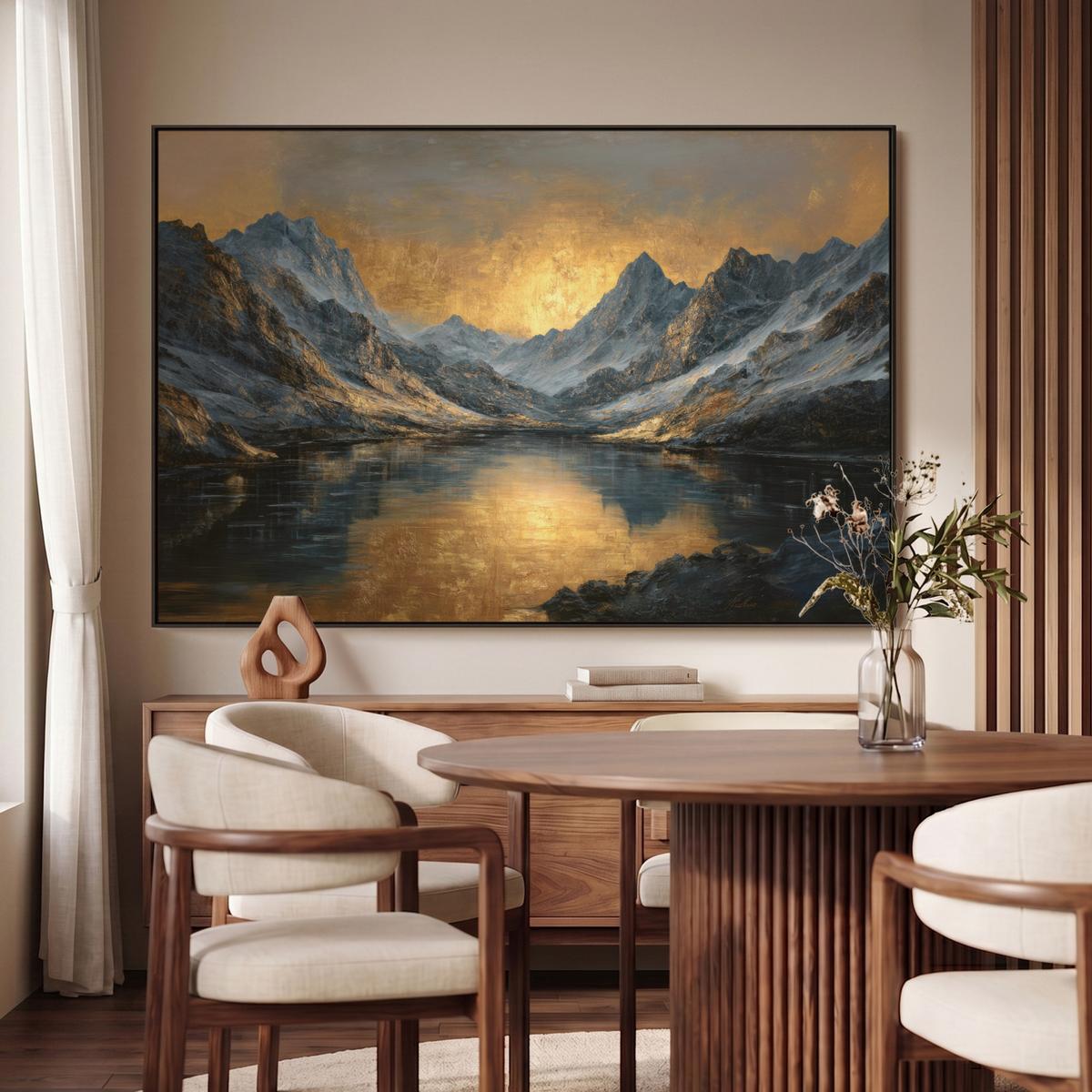 LEINWAND Bilder mit Rahmen - Bergkulisse mit goldenem Sonnenuntergang - 120x80 - Goldfarben, Textil (120/80cm) - MuchoWow