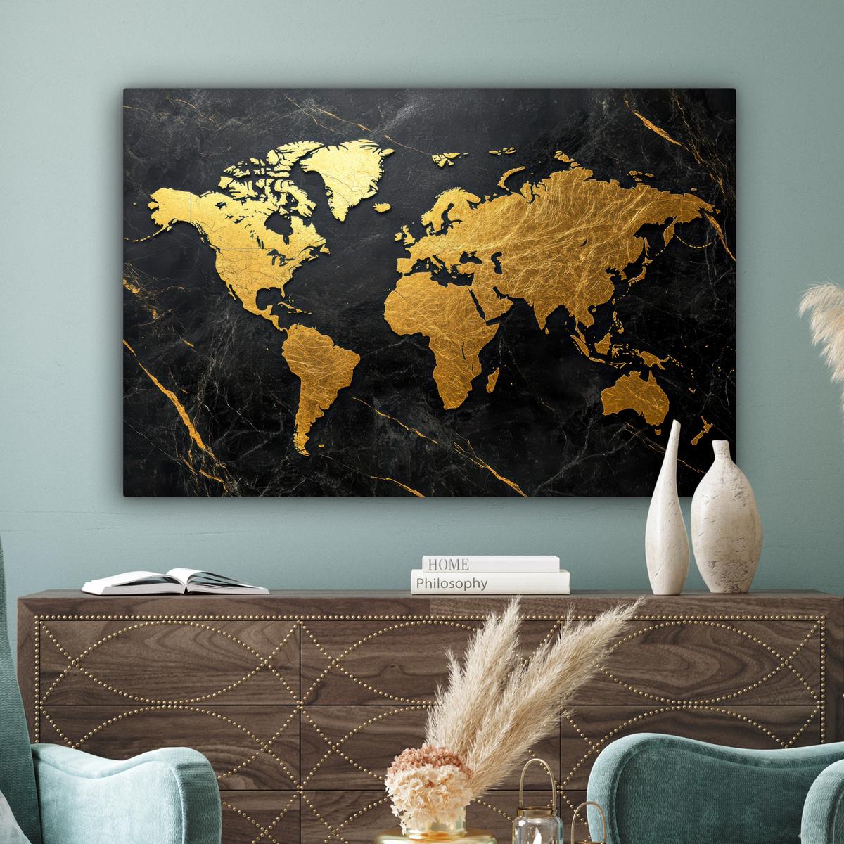 LEINWANDBILD Weltkarte - Gold - Marmor Groß 140x90 cm - Goldfarben, Textil (140/90cm) - MuchoWow