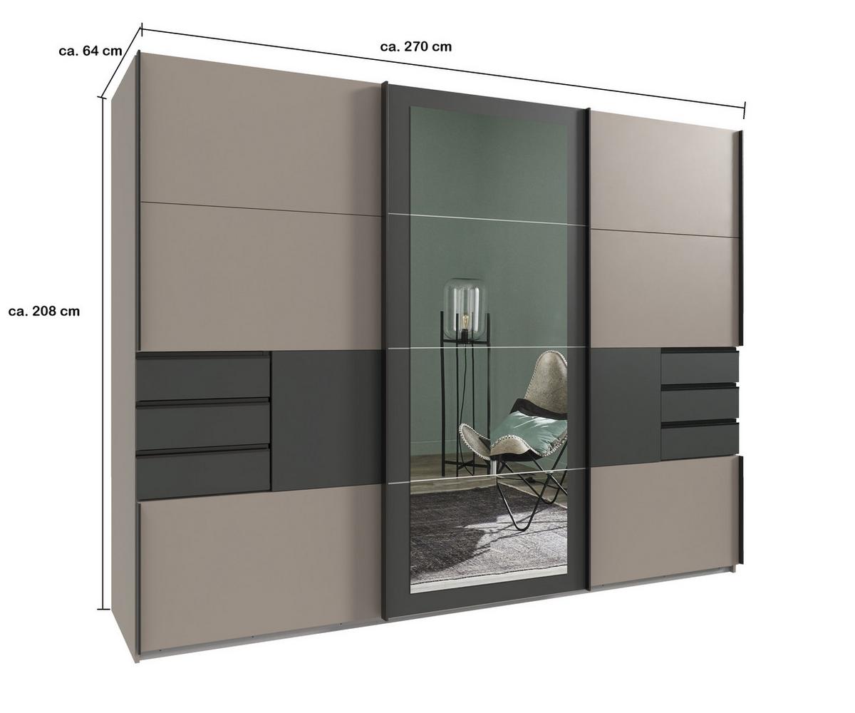 SCHWEBETÜRENSCHRANK 3-türig B270/H208/64 cm in Sandgrau mit Absetzungen in Grafit, Spiegel & Schubladen, Kleiderschrank inkl. Vollausstattung / 22507 - Sandfarben/Blau, Holzwerkstoff/Metall (270/208/64cm) - luma-home
