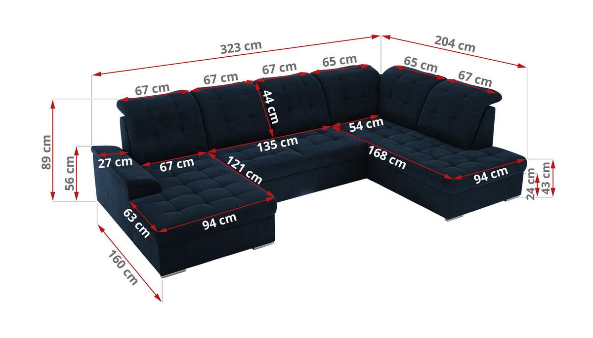 WOHNLANDSCHAFT MADRITO U - Dunkelblau Velorus - Links - Silberfarben/Dunkelblau, Textil/Metall (204/89/323cm) - MKS