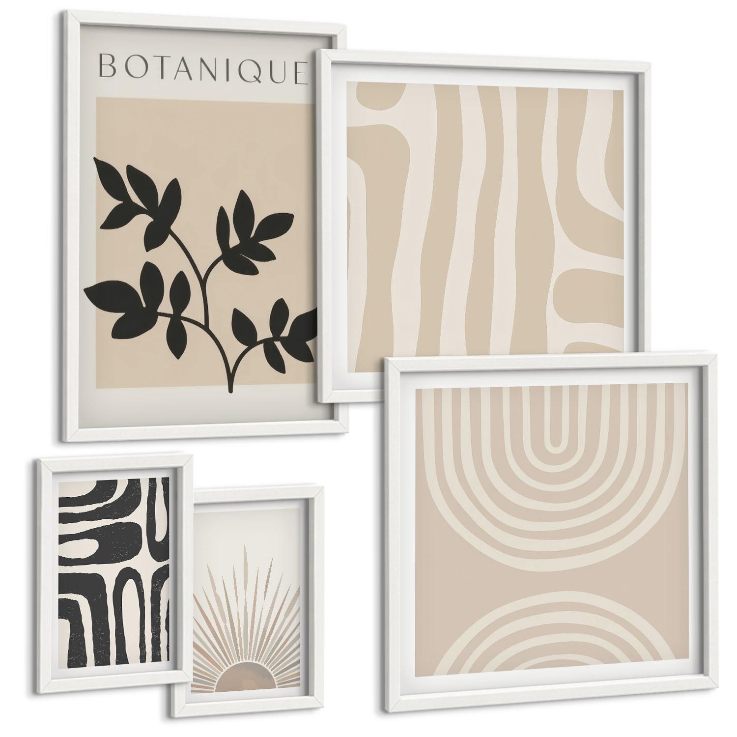 BILDER SET 5er Set - 50x50 cm & 20x30 cm & 40x60 cm Weißer Rahmen - Abstrakte Pflanzenmuster - Weiß, Kunststoff (40/60cm) - TULUP