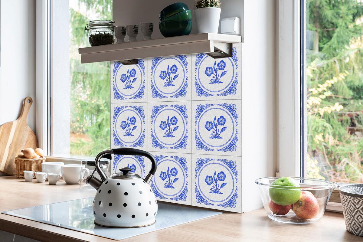 SELBSTKLEBENDE Wandfliesen 9 Stück 30x30 cm - Azulejo-Blume - Blau, Textil (30/1.6/30cm) - TULUP