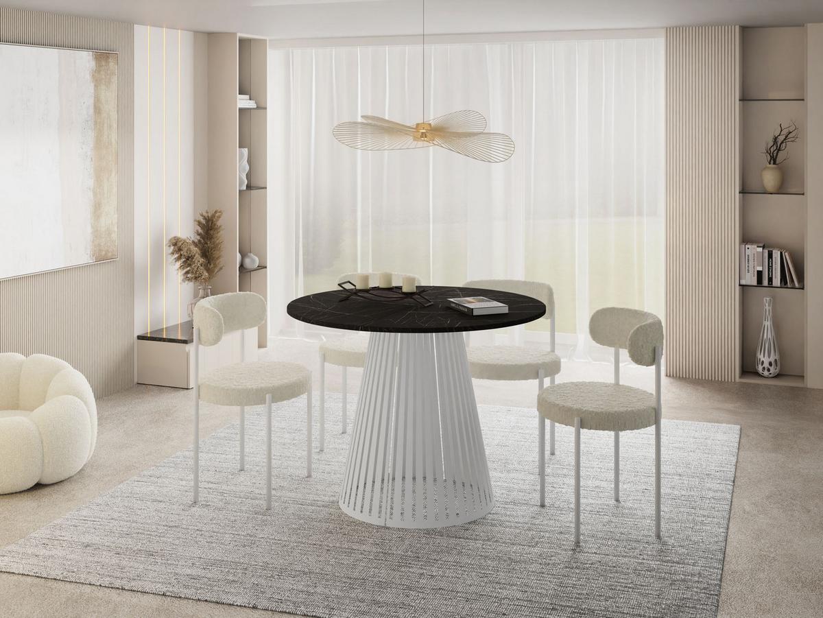ESSTISCH Naro rund ausziehbar mit Weißem Lamellen-Metallgestell, Marmor Schwarz 120-200/120/76 cm - Anthrazit/Weiß, Holzwerkstoff/Metall (120/196/76cm) - WFL GROUP
