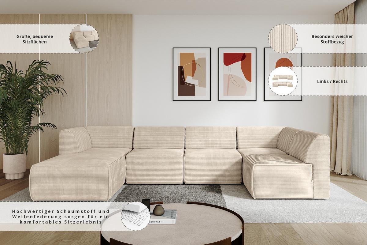 WOHNLANDSCHAFT Ottomane Links MOVO-L 345x180x78 cm Beige Cord - Beige, Holzwerkstoff/Kunststoff (345/78/180cm) - ALTDECOR