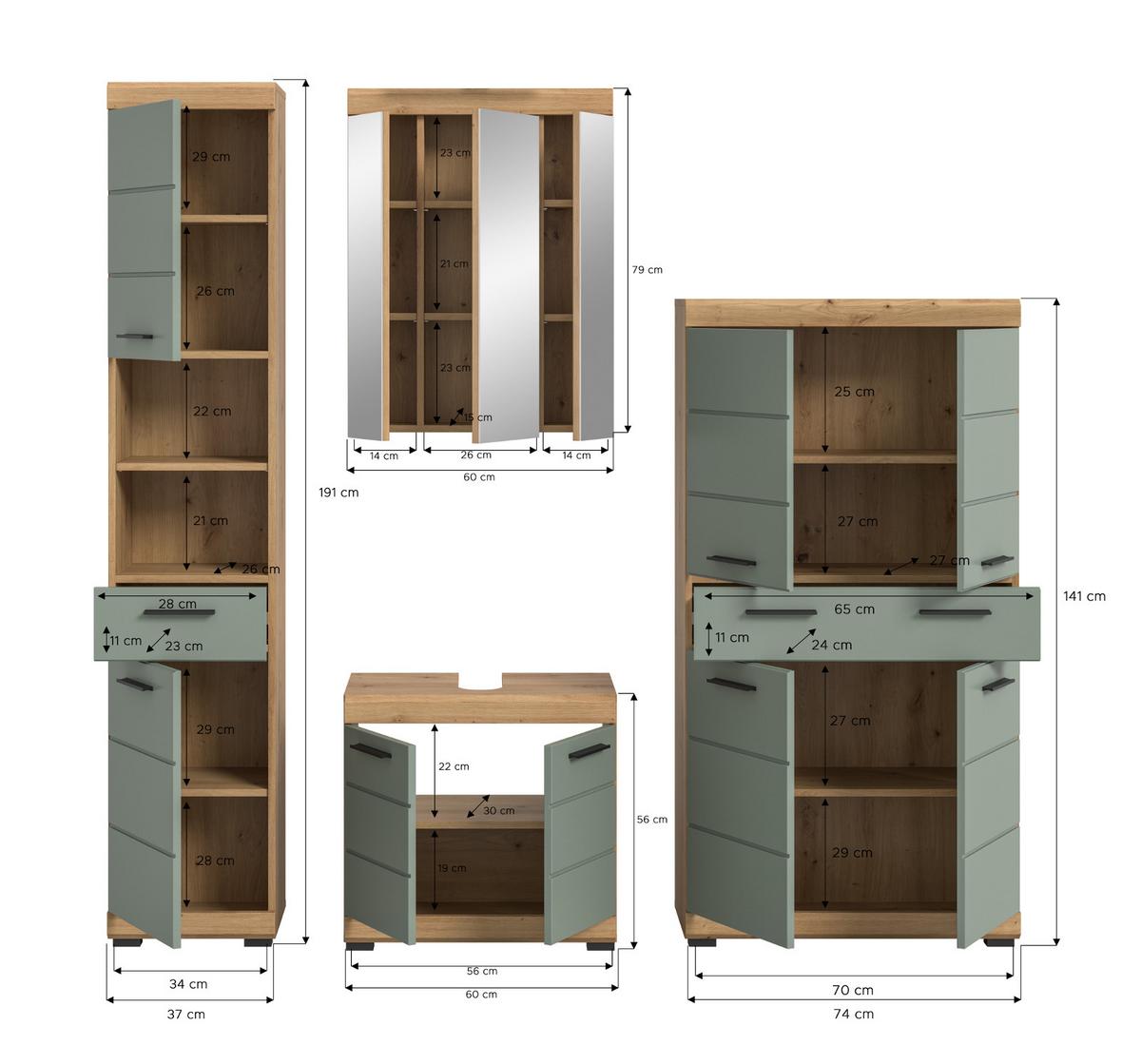 BADMÖBEL-SET Salbei grün, Eiche Artisan 4-teilig 200 cm, Komplettset mit viel Stauraum - Salbeigrün/Schwarz, Glas/Holzwerkstoff (186/191/34cm) - Inn.Furn