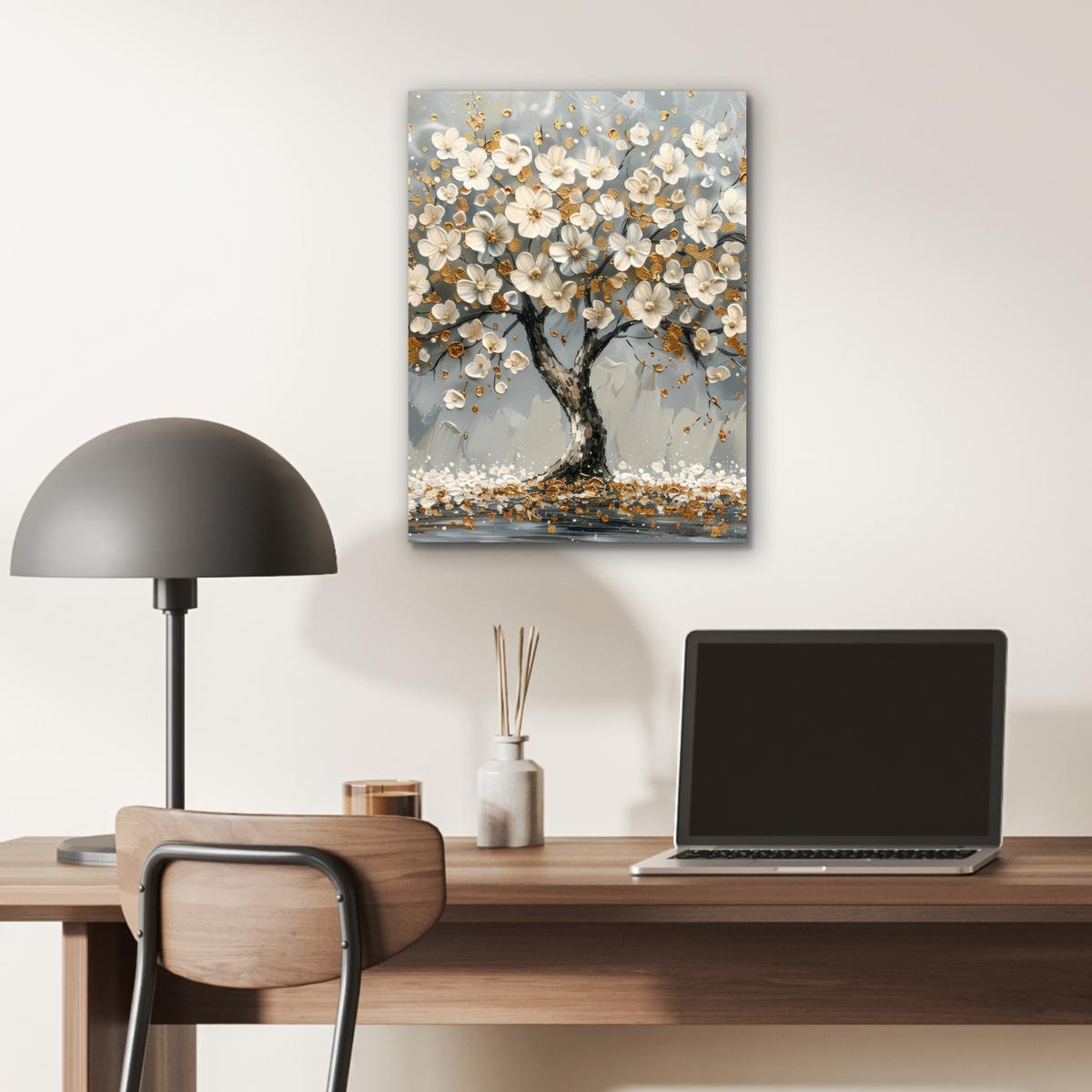 METALLBILD Baum - Blumen - Weiß - Natur - Kunst 30x40 cm - Weiß, Metall (30/40cm) - MuchoWow