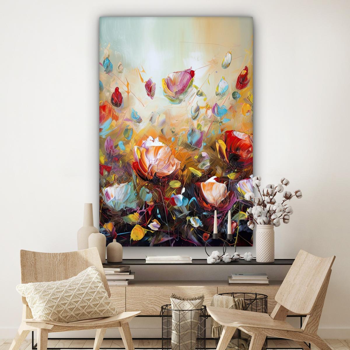 LEINWANDBILD Blumen - Kunst - Natur - Ölgemälde Deko Groß 90x140 cm - Multicolor, Textil (90/140cm) - MuchoWow
