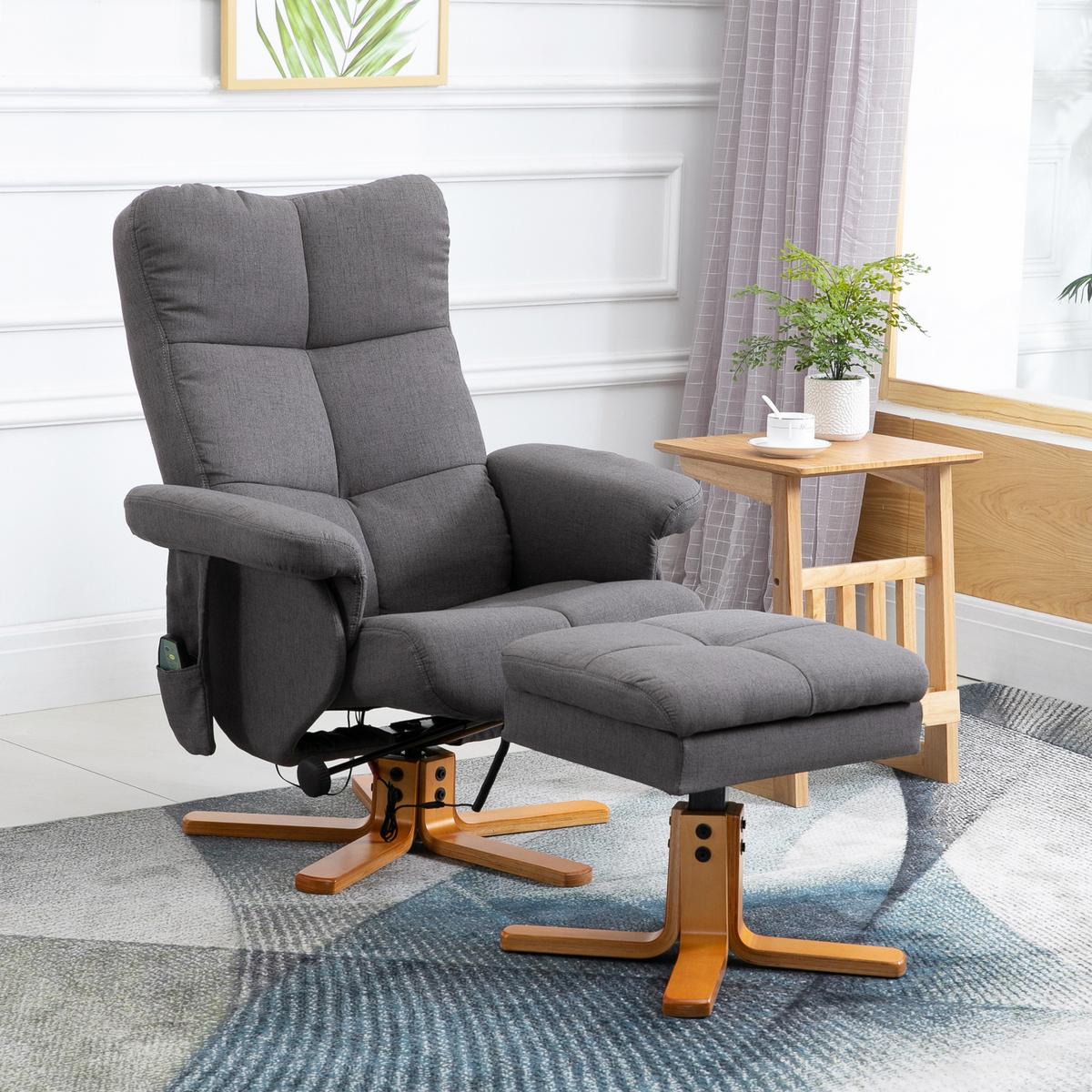 RELAXSESSEL Massagesessel mit Fußhocker Liegefunktion Polyester Dunkelgrau - Dunkelgrau, Holz/Textil (86/99/80cm) - HOMCOM