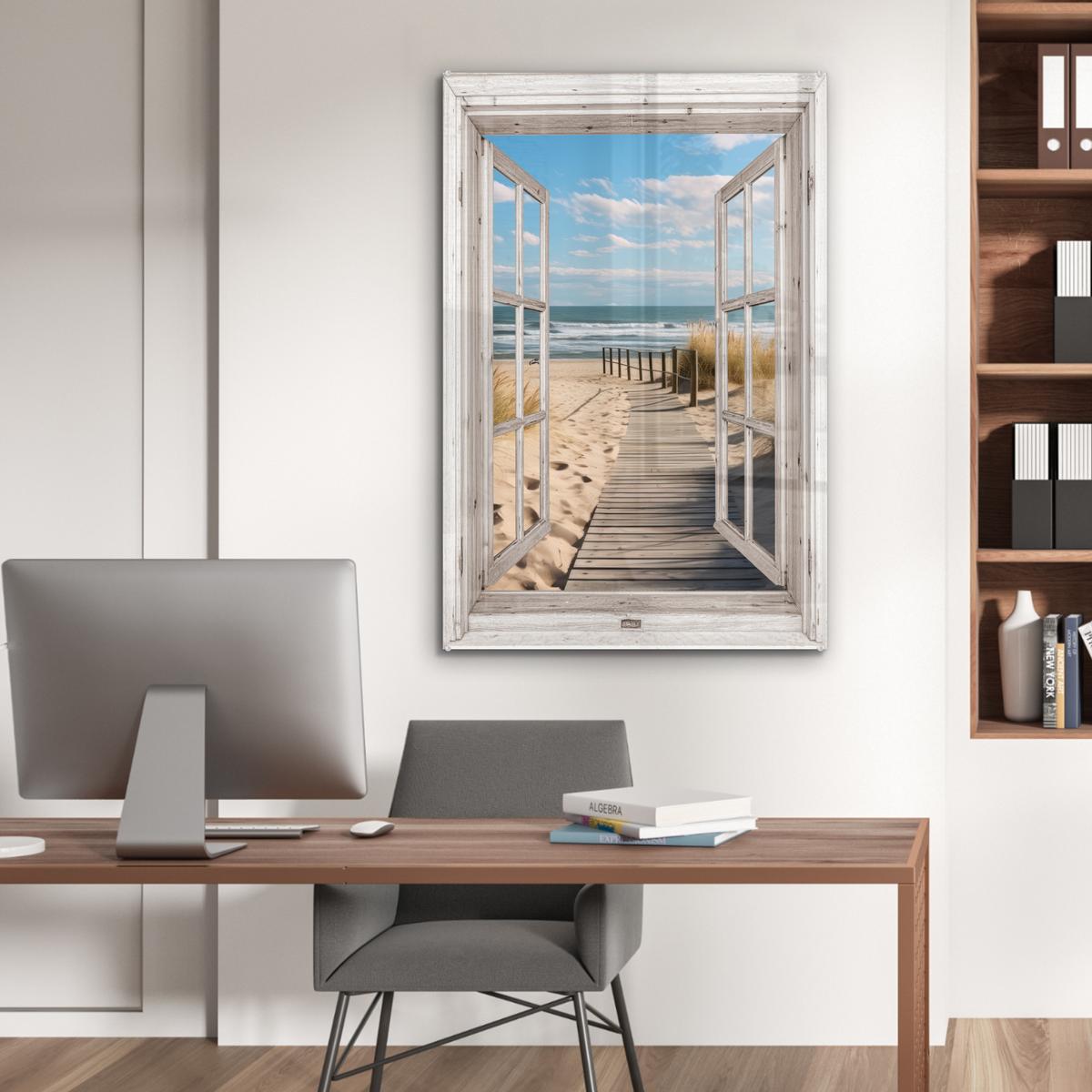 ACRYLGLASBILD Fenster - Meer - Küste - Natur - Ausblick - Strand - Wattenmeer 80x120 cm - Beige, Glas (80/120cm) - MuchoWow