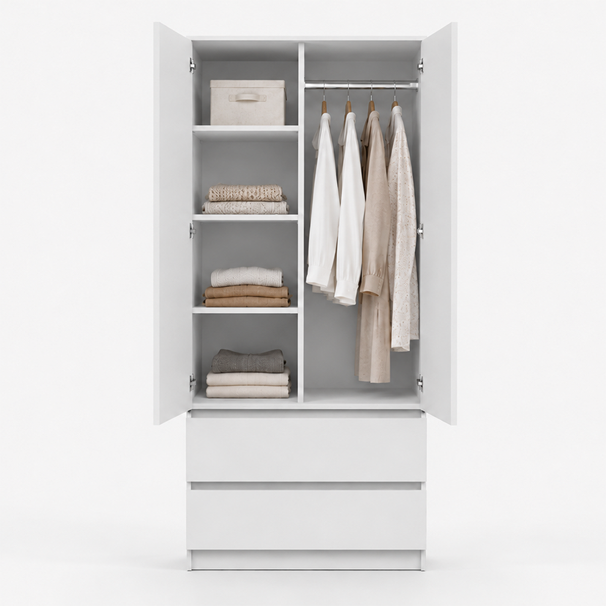 DREHTÜRENSCHRANK SOLO 2D2S, Schlafzimmer, Kleiderschrank Schrank 90 cm Weiß/Weiß, 2-türig, zwei Schubladen, grifflos - Weiß, Holzwerkstoff (90/180/50cm) - imoebel24