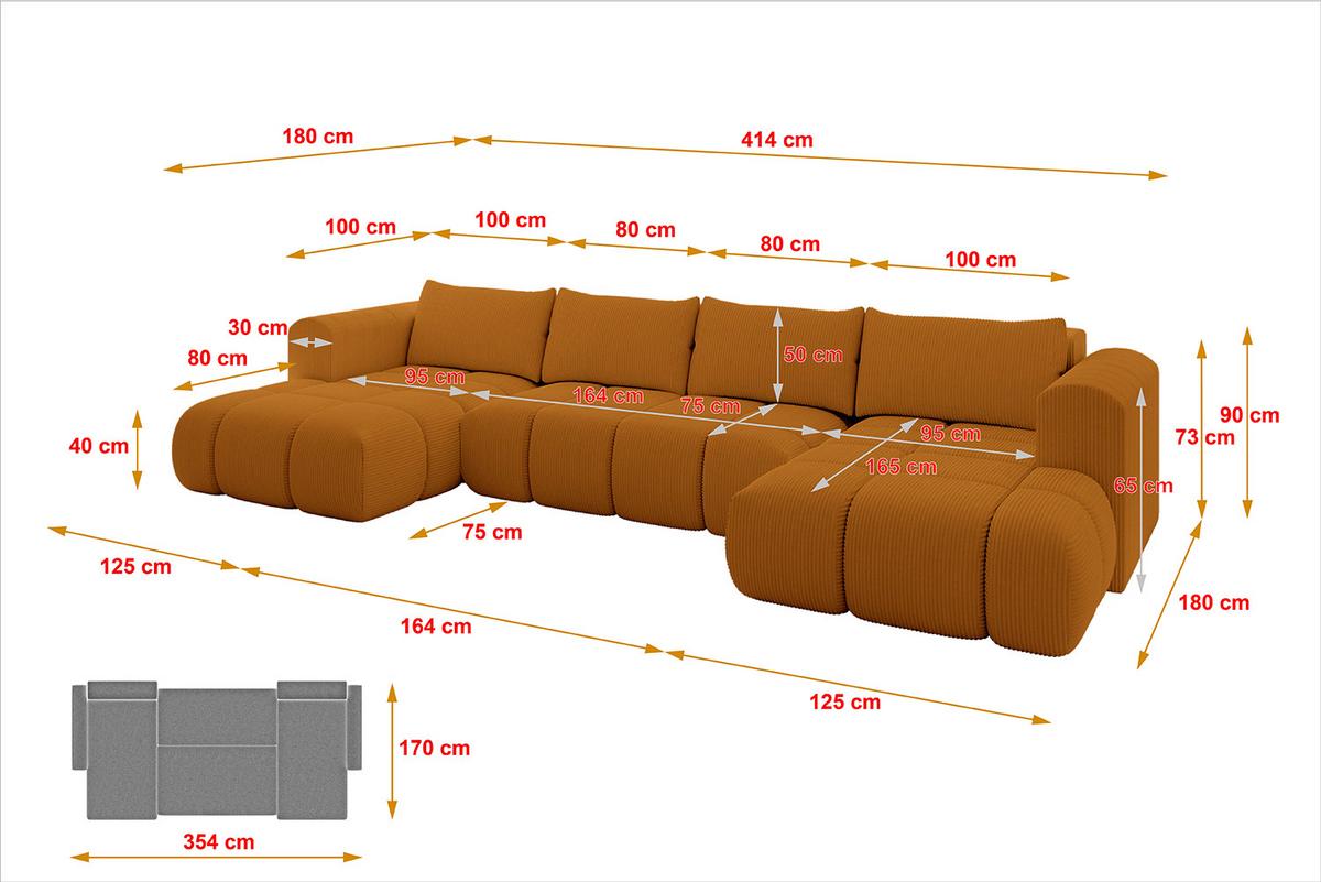 WOHNLANDSCHAFT CLOUD-U 405x185x90 Senfgelb Cord - Currygelb, Holzwerkstoff/Kunststoff (405/90/185cm) - ALTDECOR