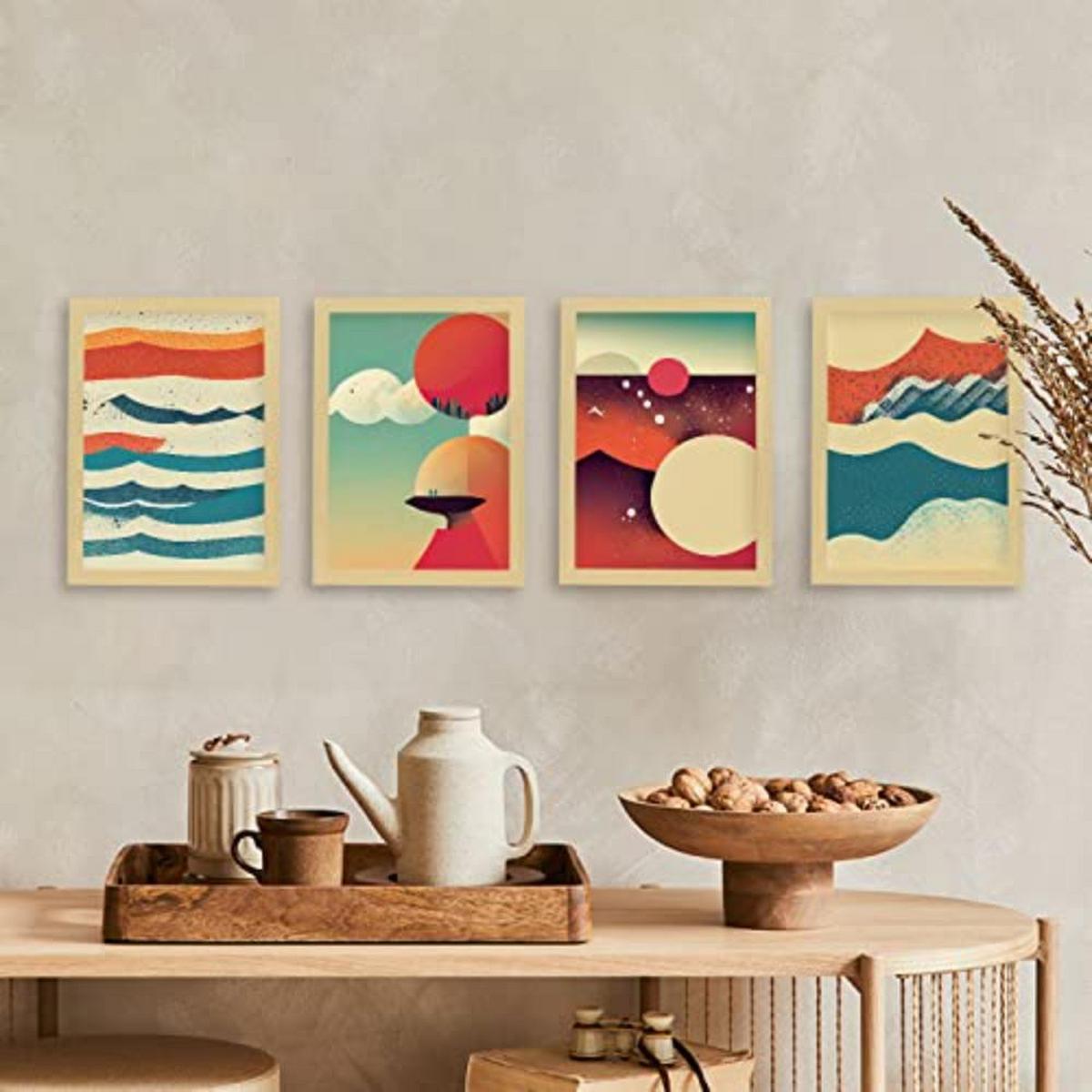 POSTER Set mit 4 Abstrakt Wellen Moderne Galaxien A4 Schwarzer Rahmen - Schwarz, Papier (29.7/3cm) - Nacnic