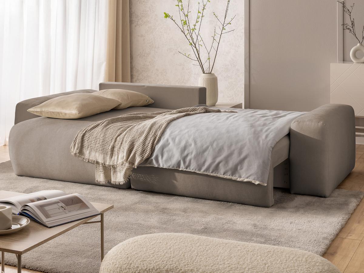 ECKSOFA Puffy mit Schlaffunktion und Bettkasten - besonders weich und puffig aus Greige Webstoff - Ottomane links - Greige/Schwarz, Holz/Kunststoff (138/266cm) - S-Style Möbel