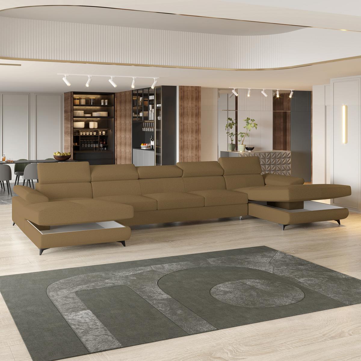 WOHNLANDSCHAFT VIVENTE Orange Boucle-Stoff mit Schlaffunktion - Orange, Holz (410/89/190cm) - MASSENO
