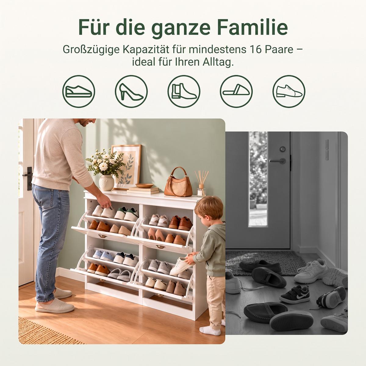 SCHUHSCHRANK, Weiß, nur 24 cm tief, 4 Klappen für 16 Paar, schmal für Flur, Diele & hinter der Tür - Weiß, Holzwerkstoff (105/82/24cm) - SoBuy