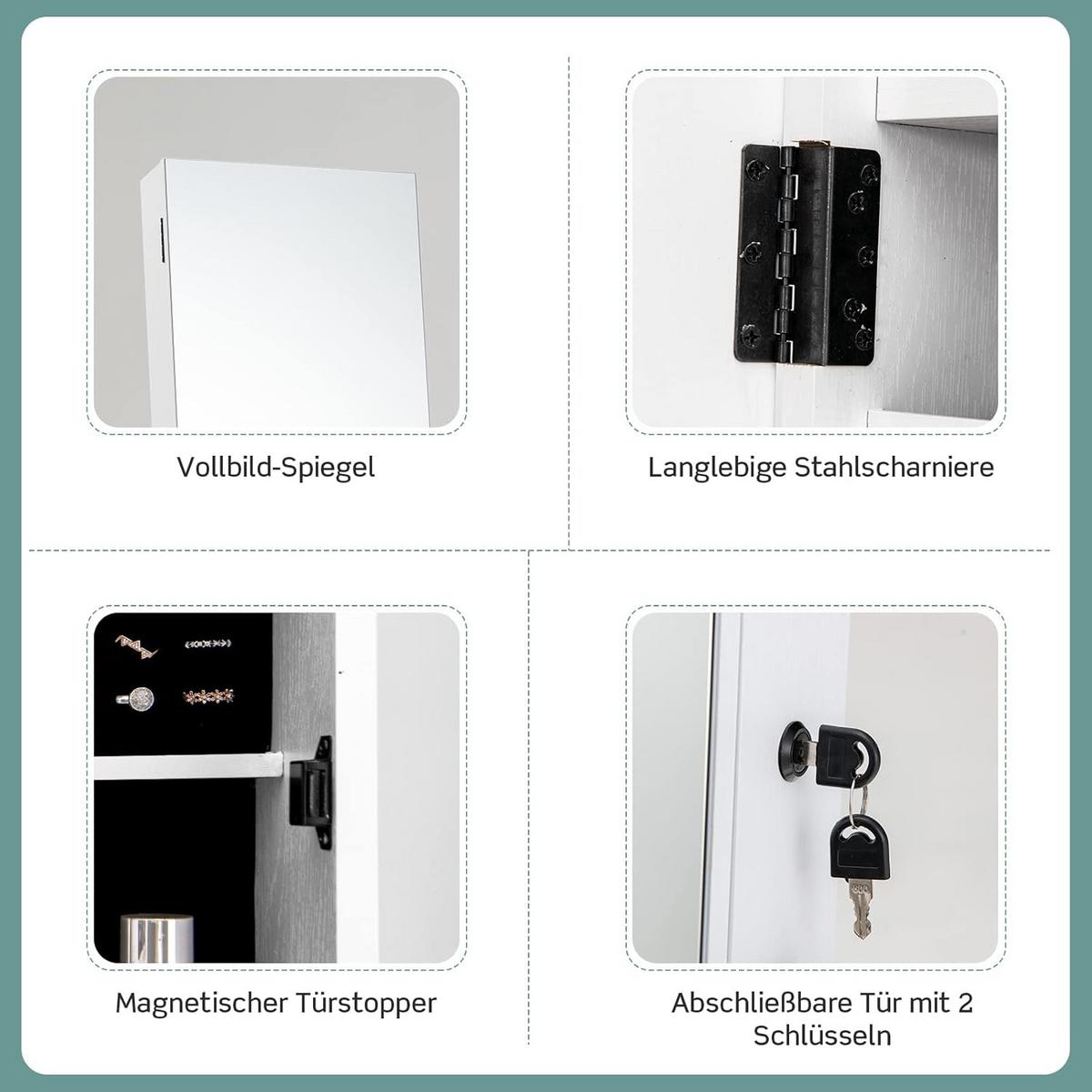 SCHMUCKSCHRANK mit Spiegel Weiß - Weiß, Metall (42/157/38cm) - COSTWAY