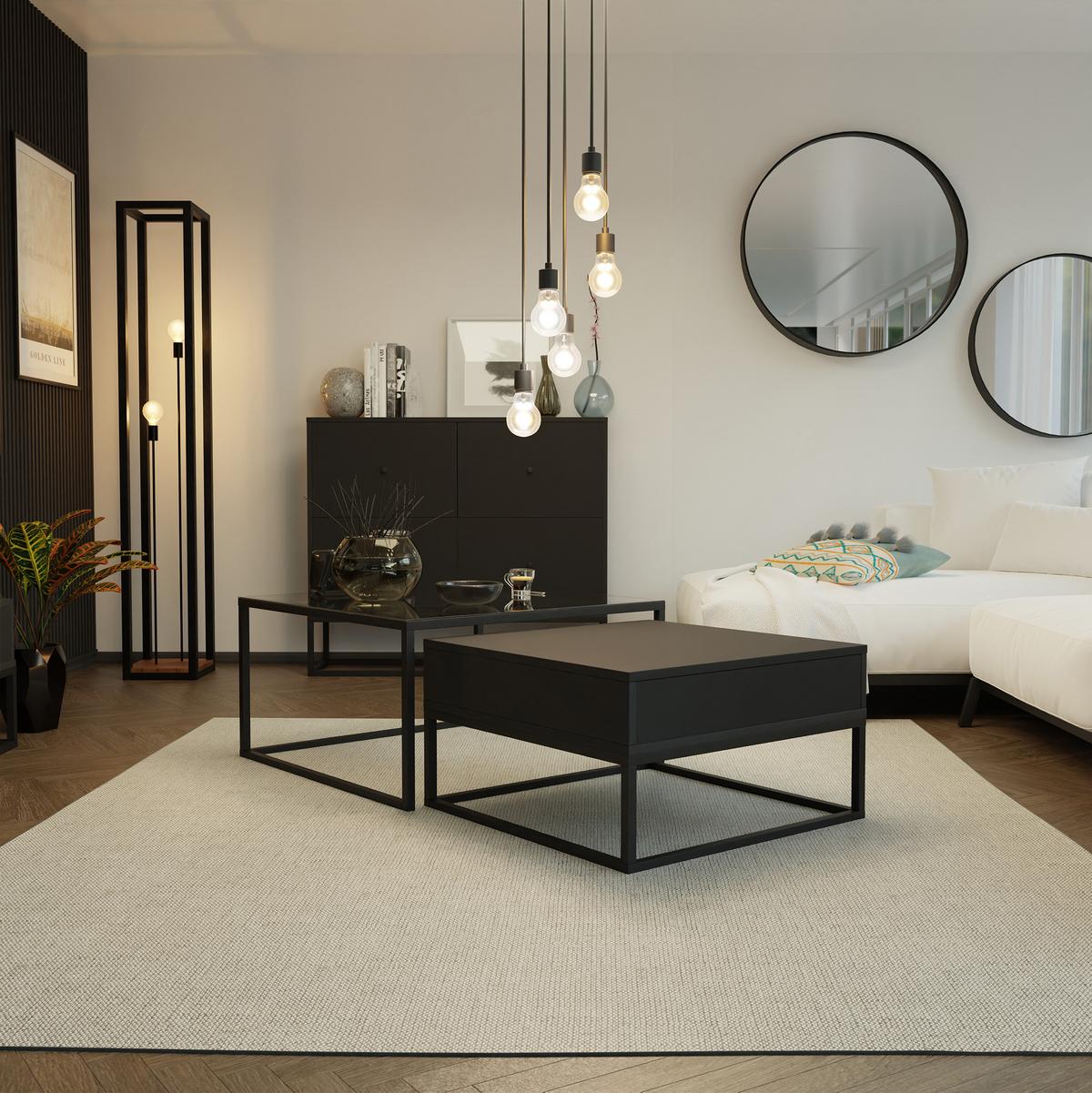 COUCHTISCH quadratisch Schwarz, MDF/Glas Tischplatte, Rahmen Schwarz - Schwarz, Glas/Holzwerkstoff (70/70/42cm) - Idohome