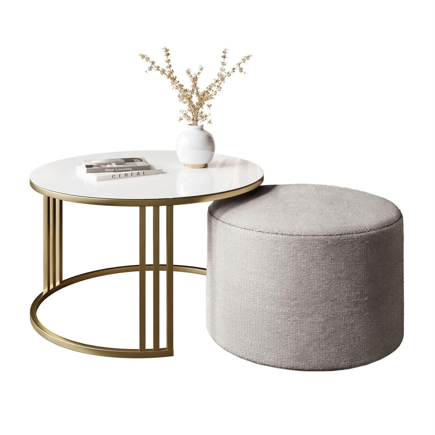 COUCHTISCH mit Hocker LORI GLASS gebürstetes Gold/weißes Glas/Perfect Harmony 82 - Weiß, Metall (70/70/49cm) - Lookway