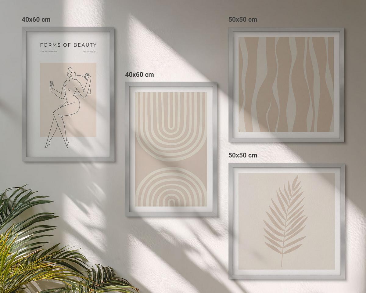 BILDER SET 4er Set - 50x50 cm & 40x60 cm Silberner Rahmen - Abstrakte Boho-Dekorationen - Silberfarben, Kunststoff (50/50cm) - TULUP