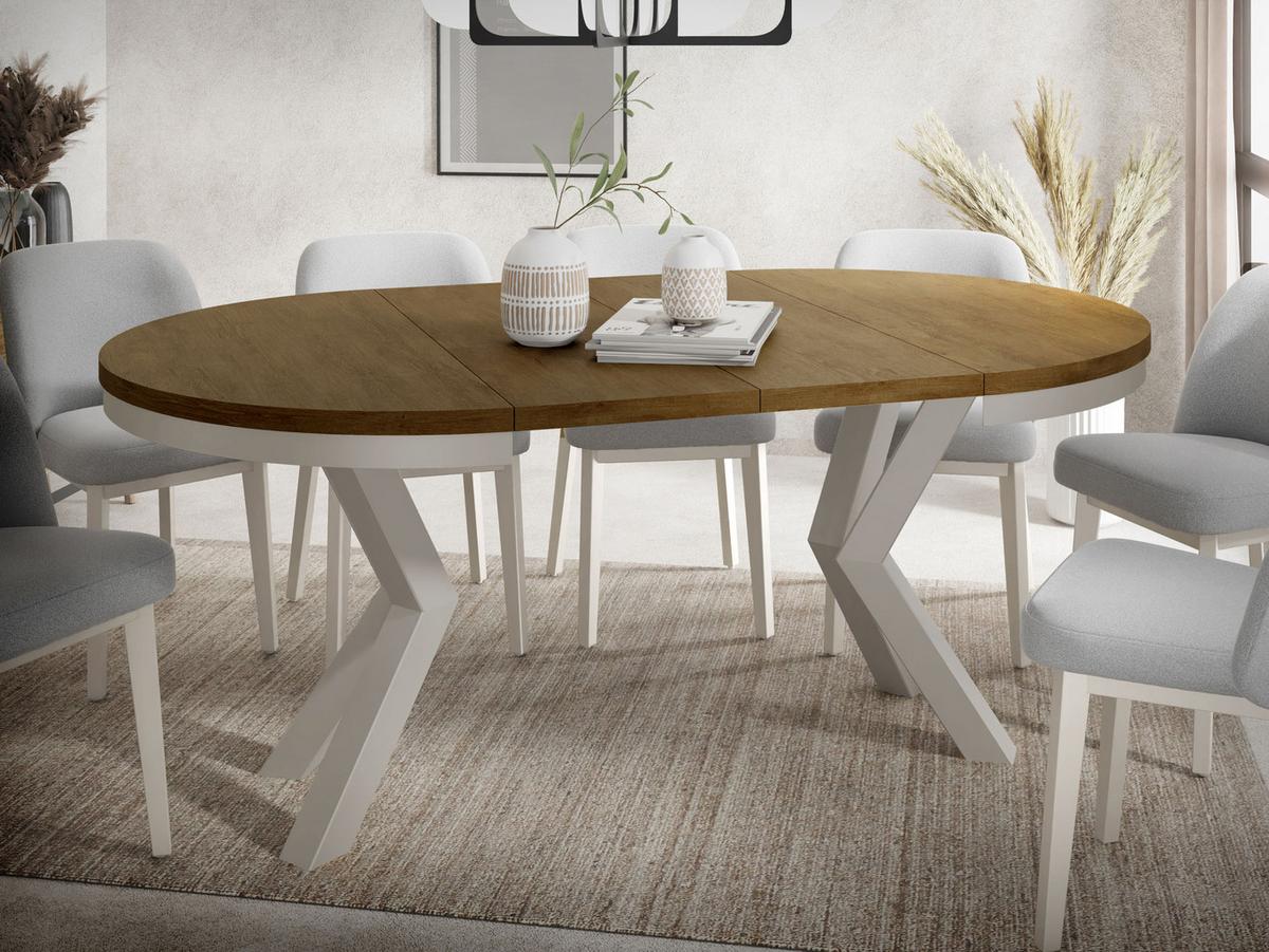 ESSTISCH Clara Grau-Beige runder ausziehbarer, Lefkas Eiche 120-200/120/76 cm - Alteiche/Greige, Holzwerkstoff/Metall (120/196/76cm) - WFL GROUP