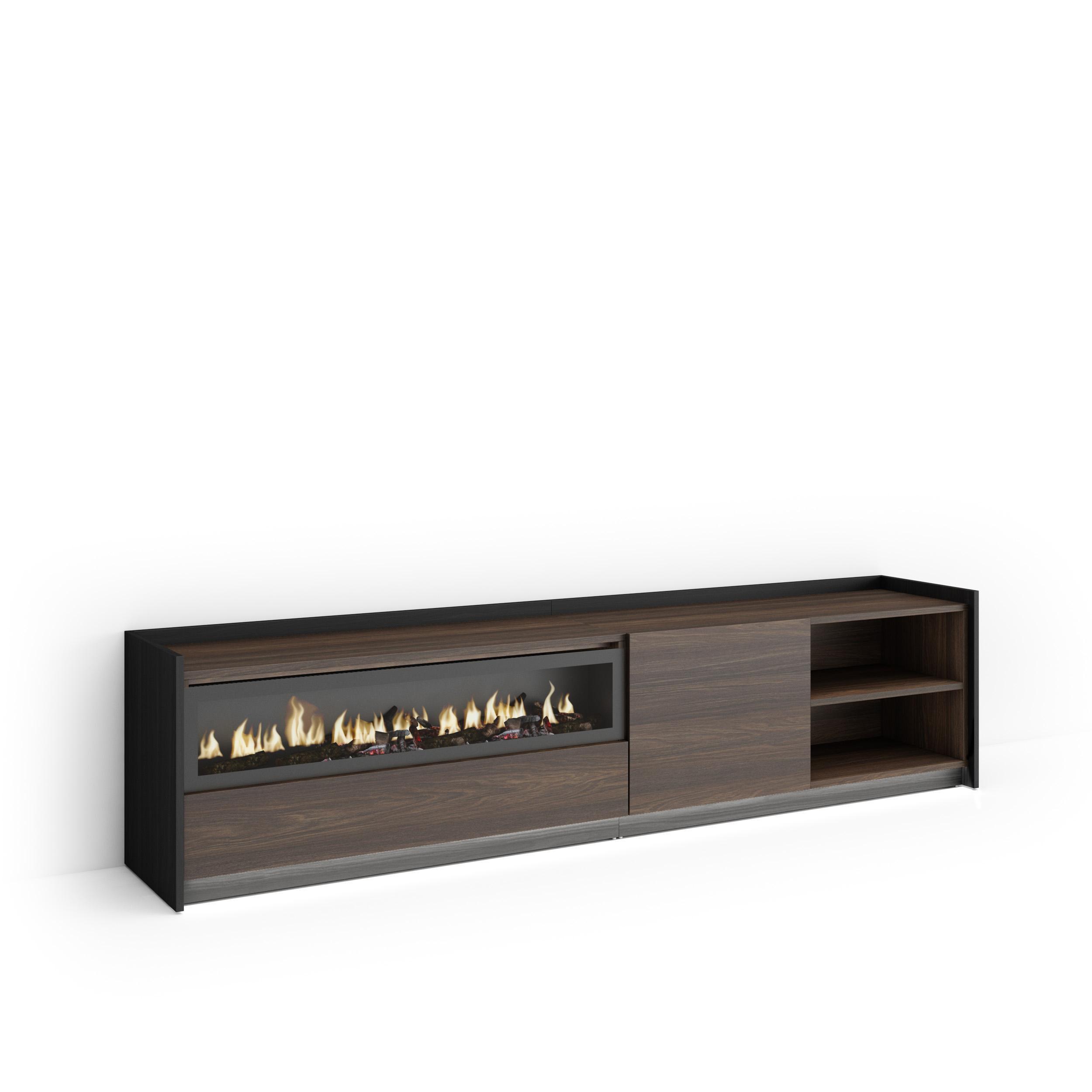 LOWBOARD, Eiche und Schwarz, 207/37/50cm, Kamin mit Feuereffekt - Dunkelbraun, Holzwerkstoff (207/50/37cm) - Skraut Home