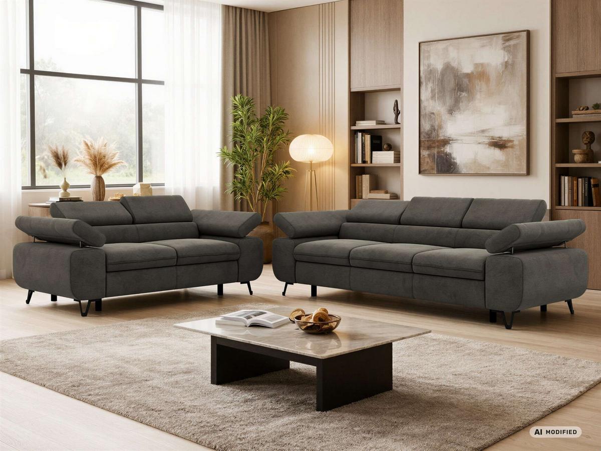 SITZGARNITUR PETER 2+3 - Dunkelgrau Velvet - Dunkelgrau/Schwarz, Textil/Metall (262/76/99cm) - MKS
