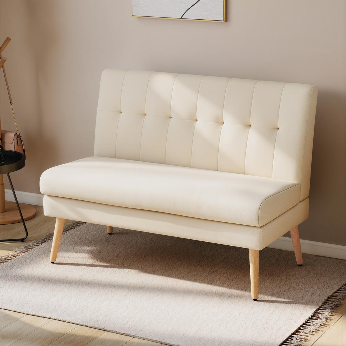 SOFA 2 Sitzer Couch mit Leinenoptik, Getuftete Rückenlehne, Beige - Beige/Naturfarben, Holz/Textil (68/90/118cm) - HOMCOM