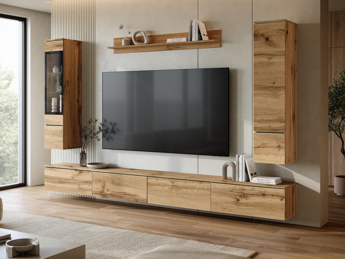 WOHNWAND Vera VIII mit weißer LED Beleuchtung - Eiche Wotan/Silberfarben, Holzwerkstoff/Kunststoff (300/130/33cm) - MIRJAN24