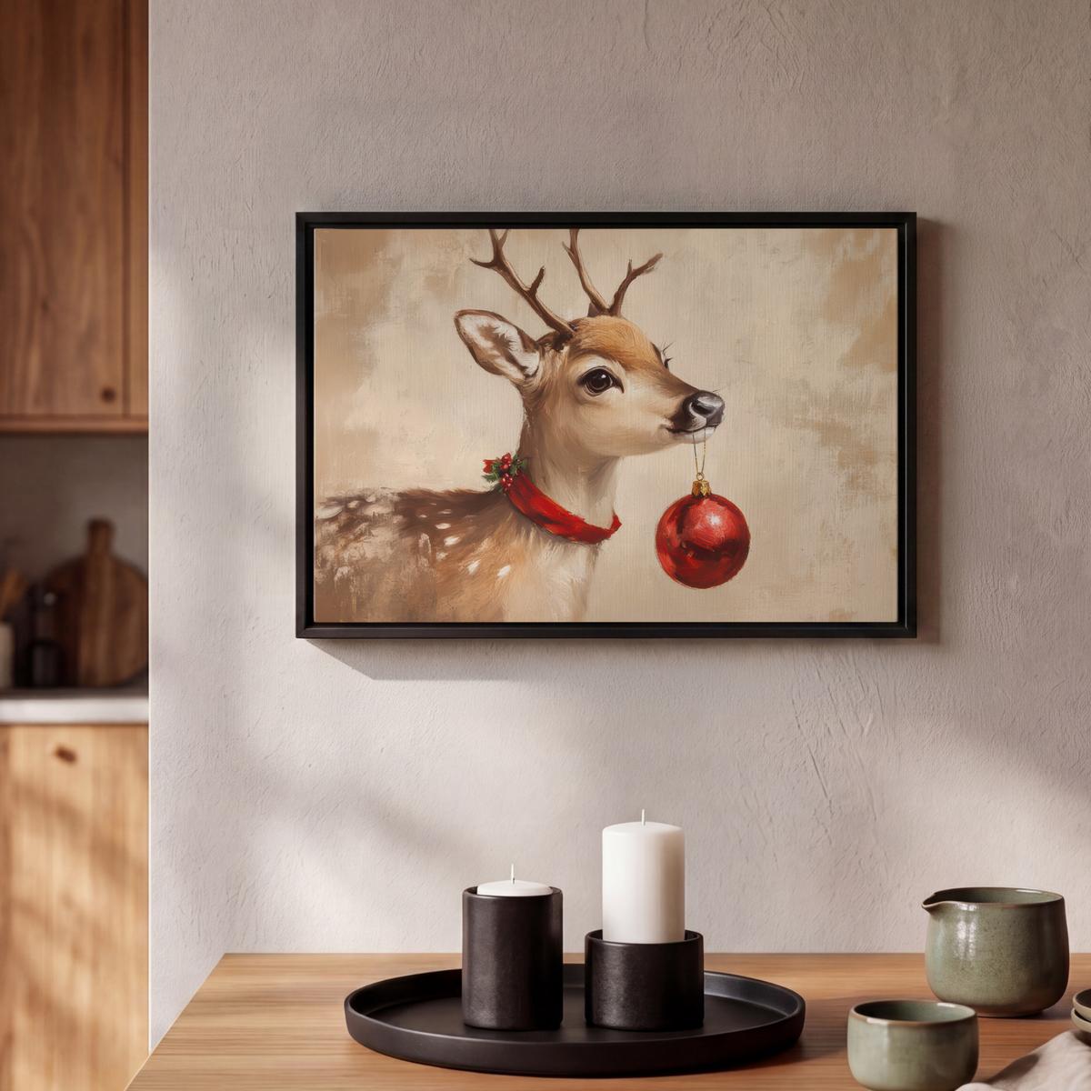 LEINWAND Bilder mit Rahmen - Weihnachten - Hirsch - Geweih - Weihnachtskugel - Rentier - 30x20 - Hellbraun, Textil (30/20cm) - MuchoWow