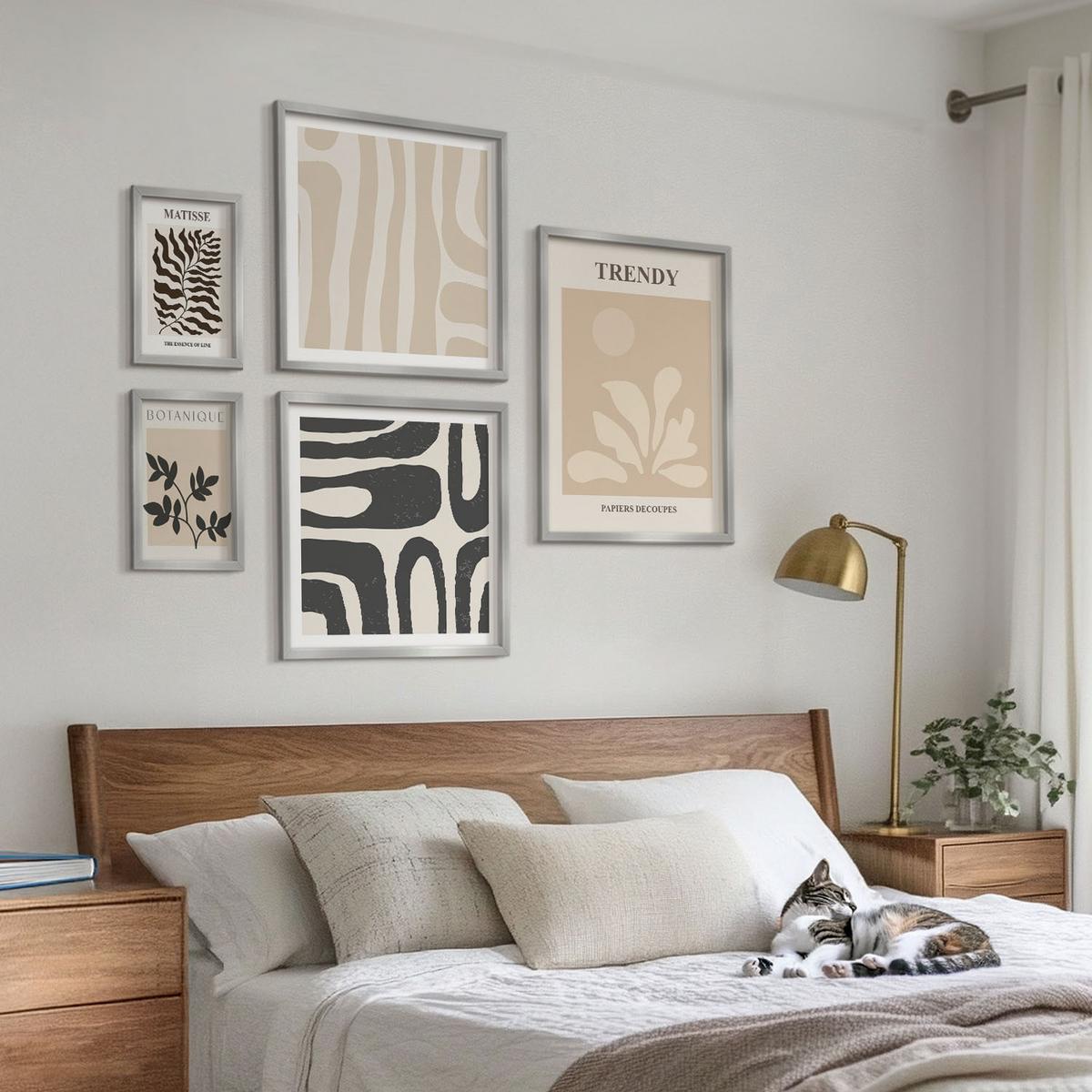 BILDER SET 5er Set - 50x50 cm & 20x30 cm & 40x60 cm Silberner Rahmen - Stilvolle Pflanzenmuster in Beige und Schwarz - Silberfarben, Kunststoff (40/60cm) - TULUP