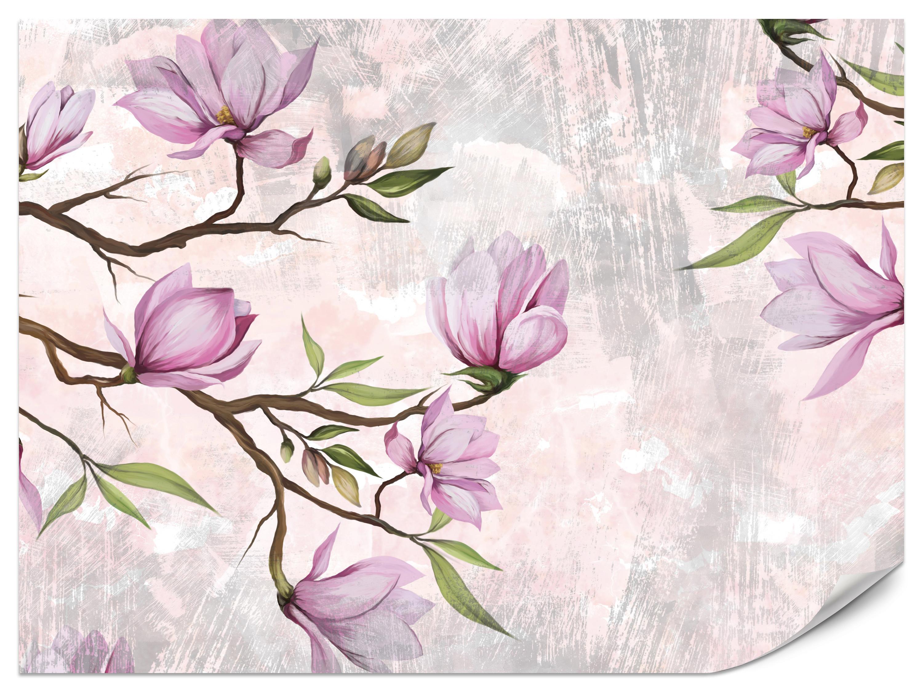 FOTOTAPETE für Schlafzimmer Rosa Magnolienblüten Botanisch 300x210 - Beige/Violett, Papier (300/210cm) - Muralo