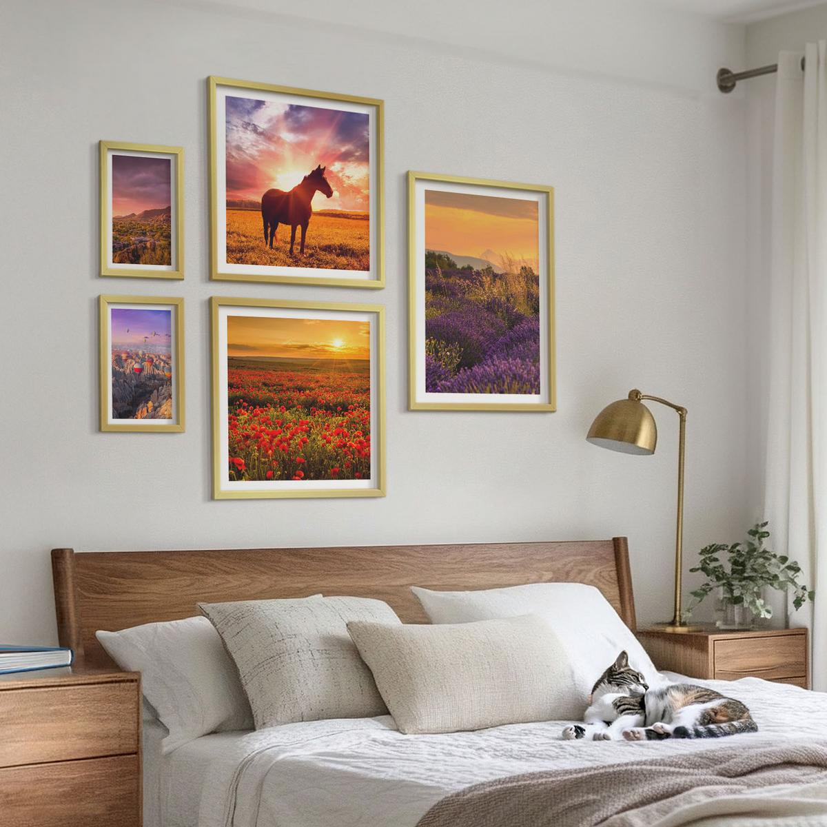 BILDER SET 5er Set - 50x50 cm & 20x30 cm & 40x60 cm Goldrahmen - Berglandschaft Rosslavendel - Goldfarben, Kunststoff (40/60cm) - TULUP
