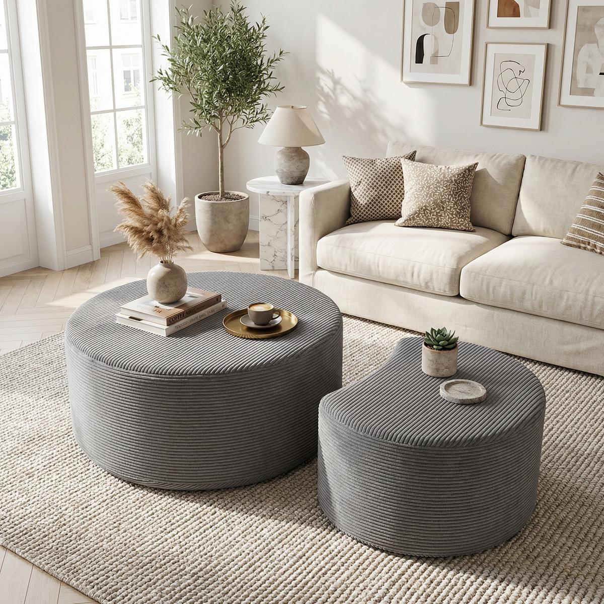 COUCHTISCH 2er Set Rund Gepolsterter Montagefrei - Schwarz, Textil (81/81/40cm) - Urban Meuble