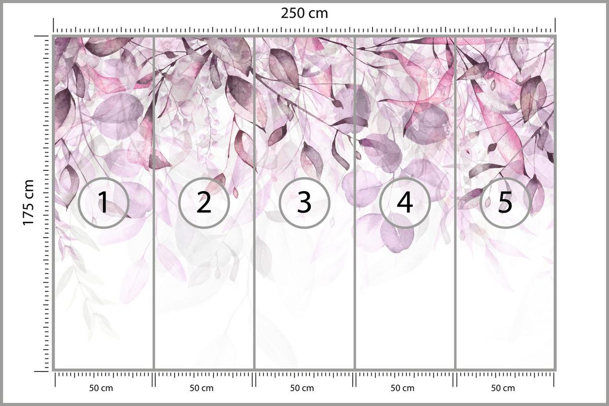 FOTOTAPETE für Schlafzimmer Aquarell Zarte Rosa Blätter Botanisch 250x175 - Violett/Weiß, Papier (250/175cm) - Muralo