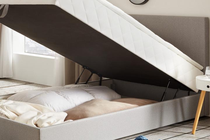 Boxbett grau Bettkasten Stauraum nach vorne ausklappbar