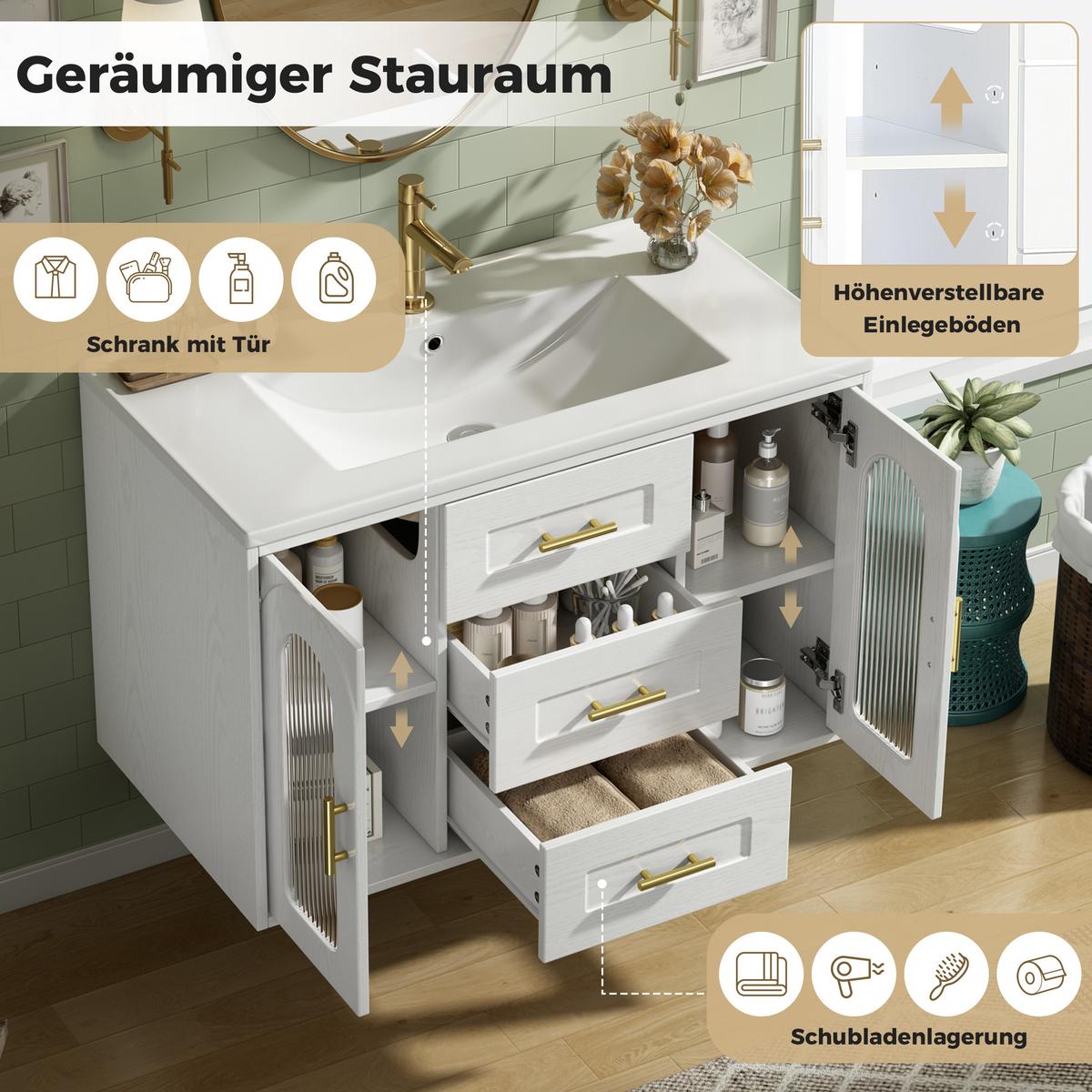 WASCHTISCH mit Unterschrank 76cm Weiß Holzoptik mit LED & Glastür - Weiß, Holzwerkstoff (76/55/46cm) - Urban Meuble