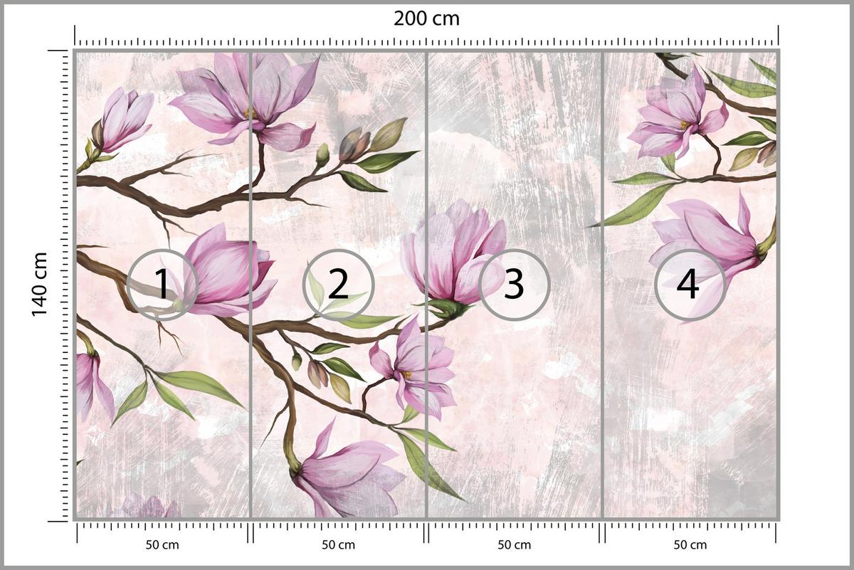 FOTOTAPETE für Schlafzimmer Rosa Magnolienblüten Botanisch 200x140 - Beige/Violett, Papier (200/140cm) - Muralo