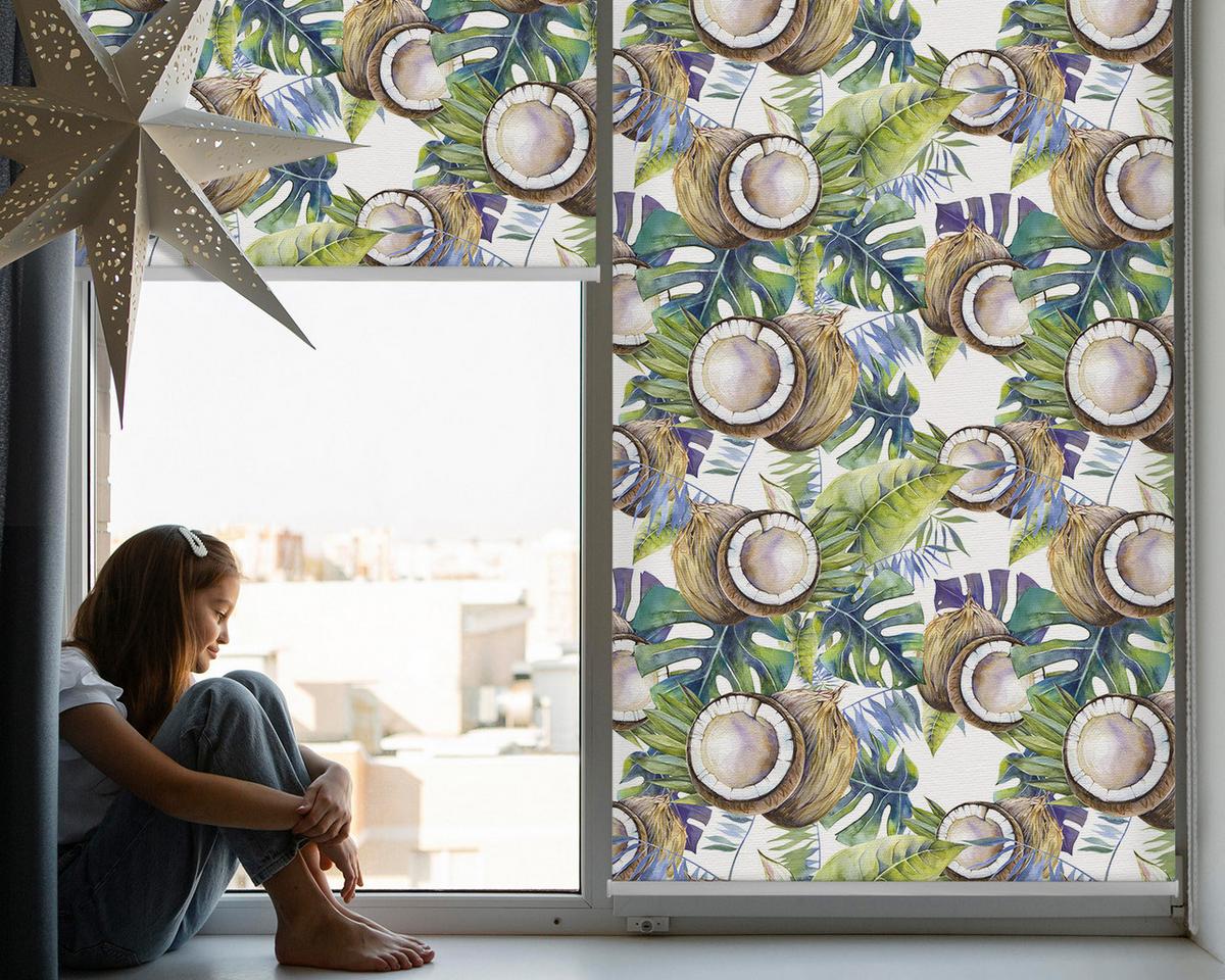 INNENROLLO - Fensterrollo - Rollo - 130x140 cm - Kokosnüsse und ihre Blätter - Braun, Kunststoff (130/140/0.5cm) - TULUP