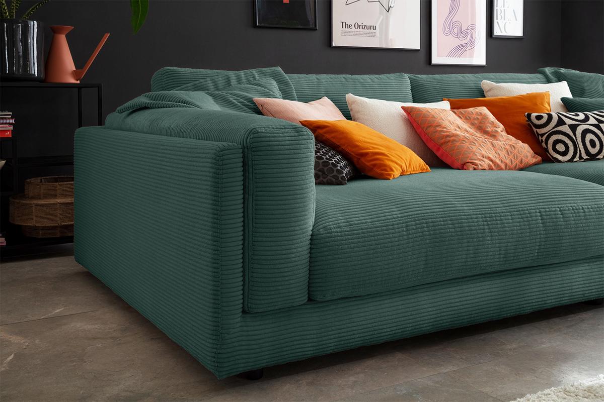 BIG SOFA RAINA Smaragdgrün Cord - Smaragdgrün/Schwarz, Kunststoff/Textil (254/85/150cm) - KAWOLA