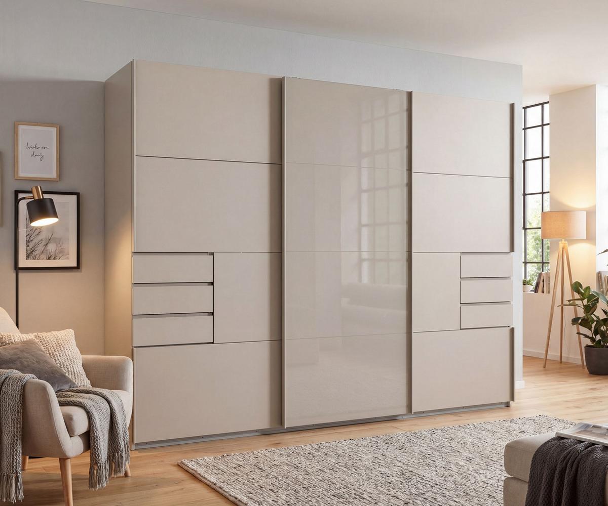 SCHWEBETÜRENSCHRANK 3-türig B270/H208/64 cm, Beige Grau, Mitteltür Glas, Kleiderschrank mit Schubladen & Vollausstattung, / 22616 - Beige, Holzwerkstoff/Metall (270/208/64cm) - luma-home