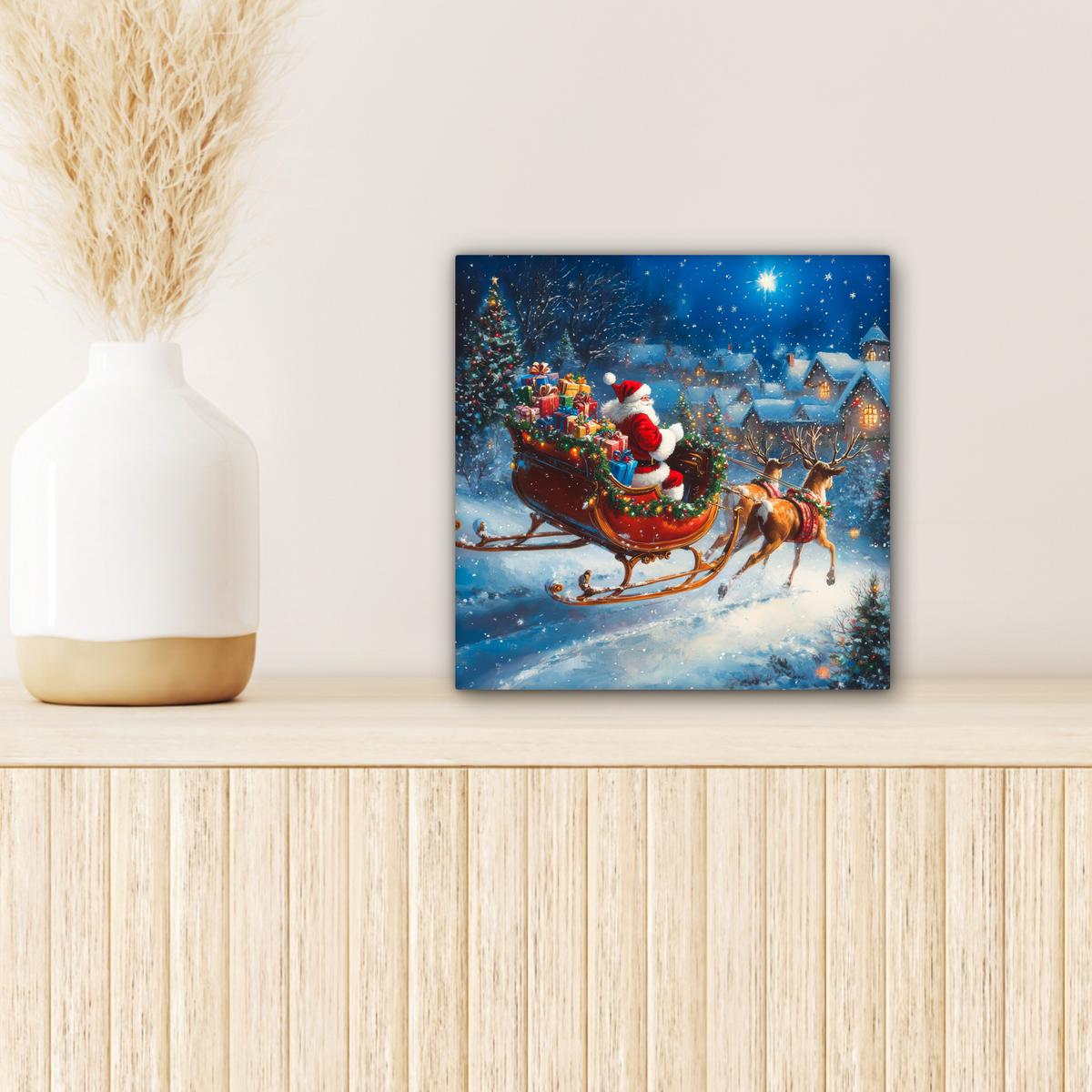 LEINWANDBILD Weihnachtsmann - Rentier - Weihnachten - Schnee Deko Wohnzimmer 20x20 cm - Cognac, Textil (20/20cm) - MuchoWow