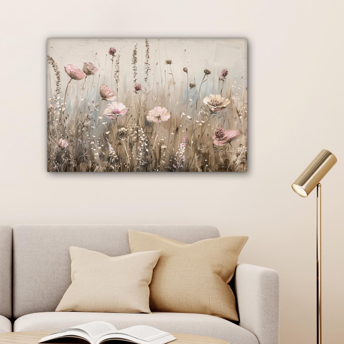LEINWANDBILD Blumen - Rosa - Modern - Beige Gemälde 60x40 cm - Beige, Textil (60/40cm) - MuchoWow