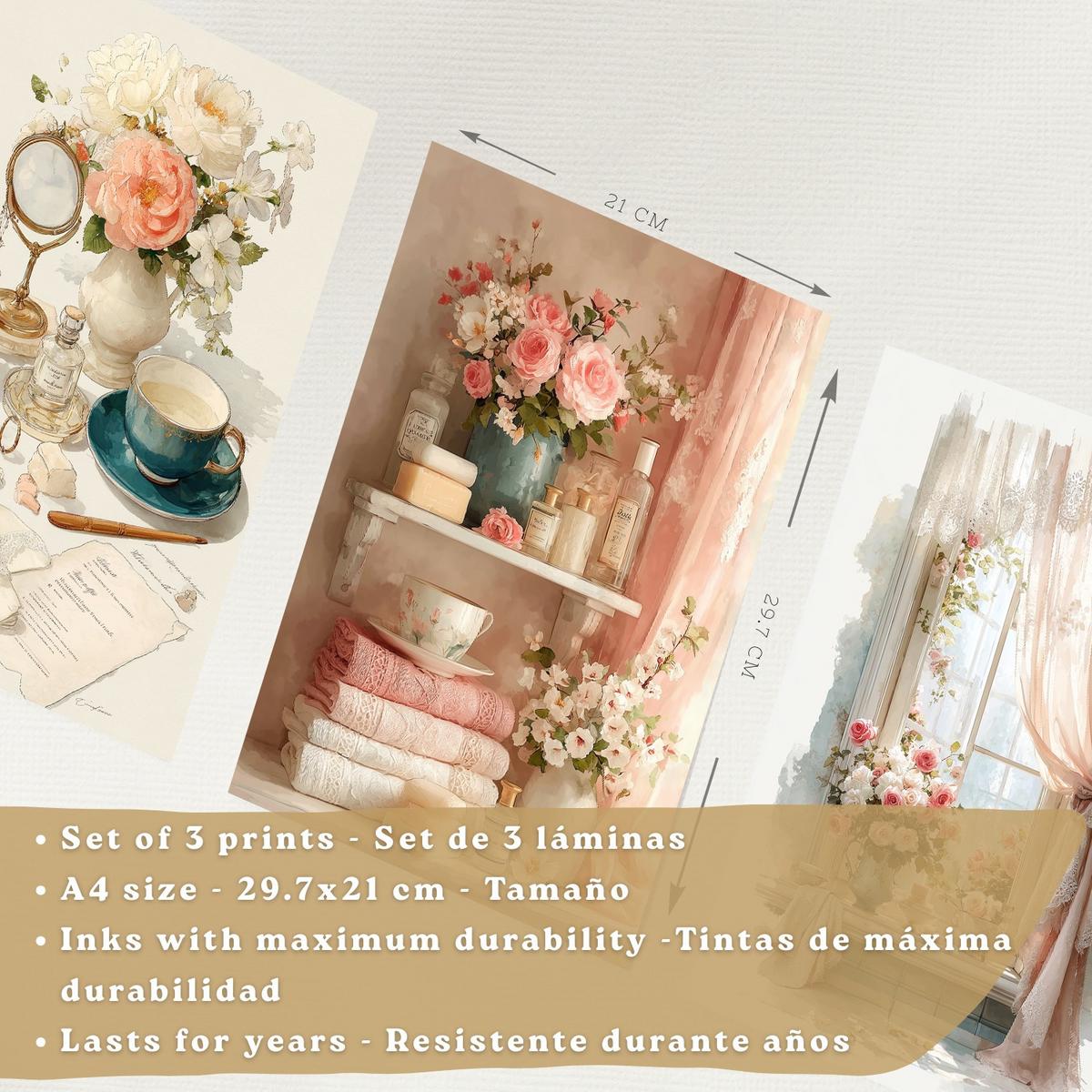 POSTER 3er-Set dekorative Badezimmerdrucke, romantischer Stil, Bilder mit Rosen, Parfums und Fenster, elegante, Wohndekoration Leichter Holzrahmen A4 - Beige, Papier (29.7/21/3cm) - Nacnic
