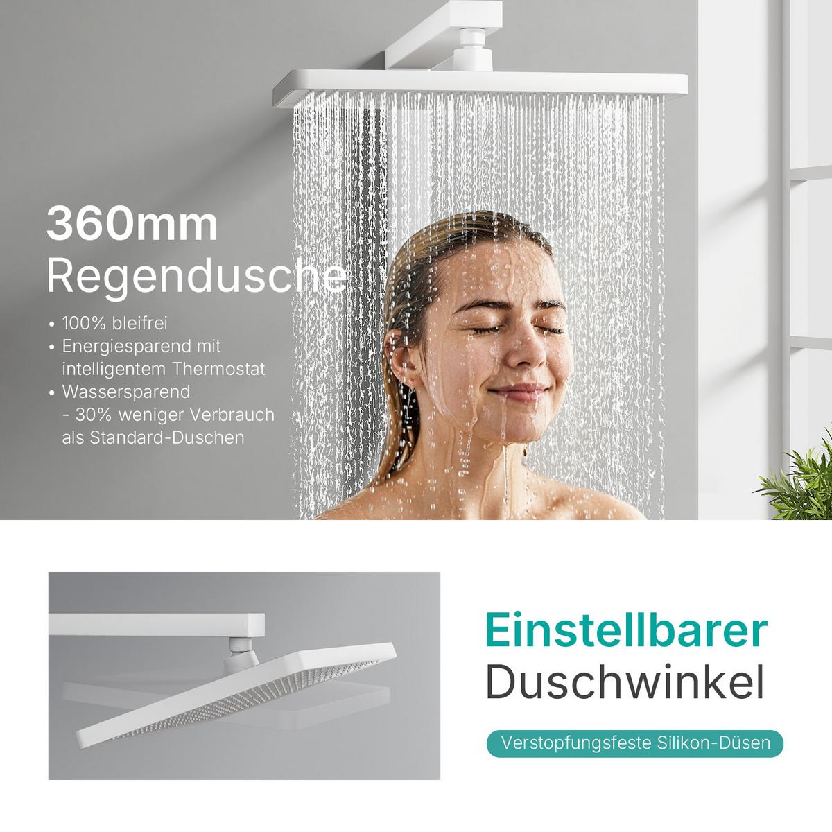 ÜBERKOPFBRAUSESET mit Thermostat und 4 Wasserauslässen 40,9/60/105 cm - Weiß, Metall (40/113/58cm) - EMKE