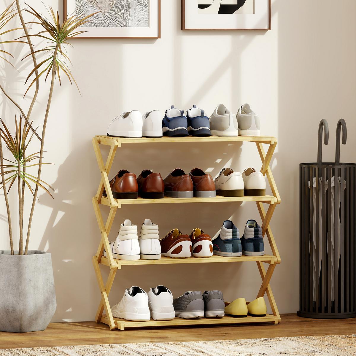 SCHUHREGAL mit 4 Ebenen Schuhablage aus Bambus für 12 Paar Schuhe Natur - Naturfarben, Naturmaterialien/Bambusholz (60/67/29cm) - HOMCOM