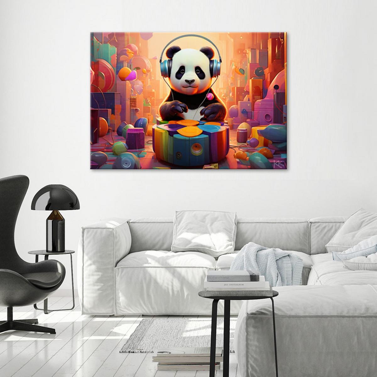 LEINWANDBILD Panda mit Kopfhörern 60x40cm - Multicolor, Textil (60/40cm) - Feeby