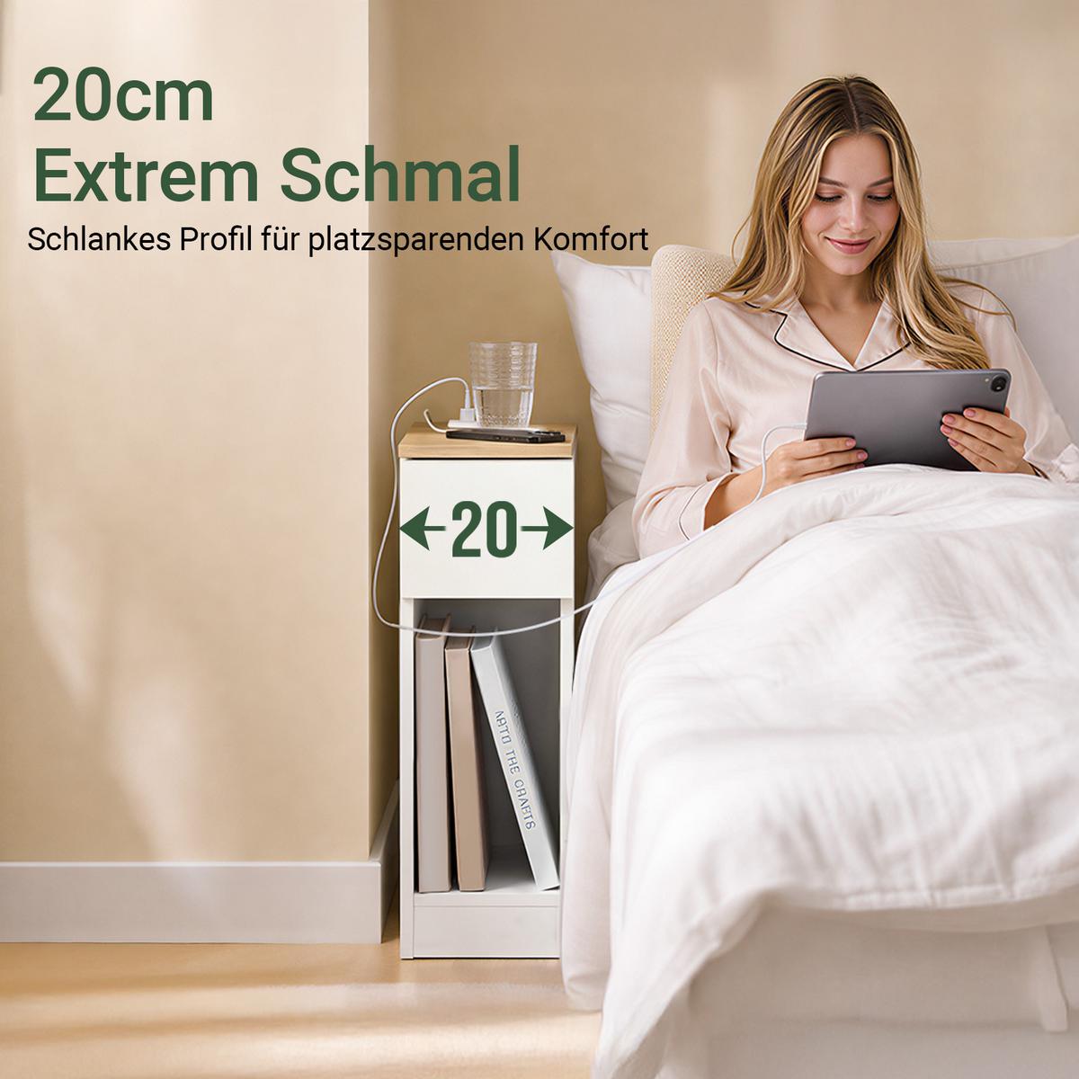NACHTTISCH schmaler mit Ladefunktion (USB & Typ-C) 20x35x60 cm, Weiß, mit heller Holzplatte, Schublade & offenes Fach, Schlafzimmer/Wohnzimmer - Weiß, Holzwerkstoff (20/60/35cm) - SoBuy