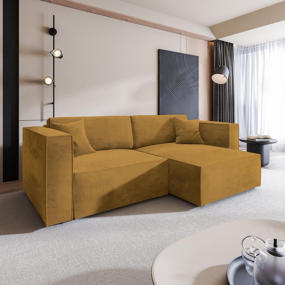 ECKSOFA NERIO M Gelb Velours-Stoff mit Schlaffunktion - Gelb/Grau, Holz/Kunststoff (245/148cm) - MASSENO
