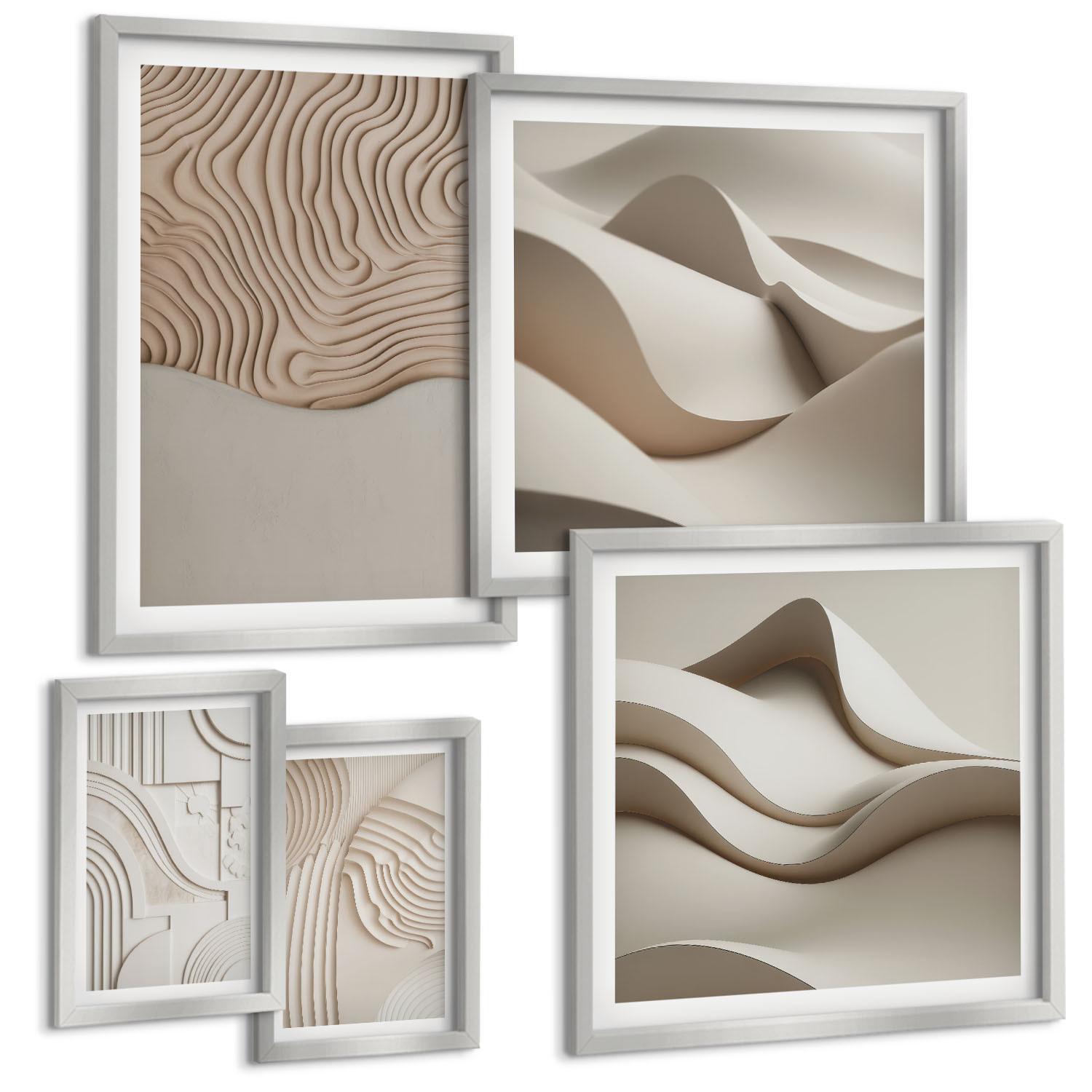 BILDER SET 5er Set - 50x50 cm & 20x30 cm & 40x60 cm Silberner Rahmen - Abstrakte Wellen auf dem Sand - Silberfarben, Kunststoff (40/60cm) - TULUP