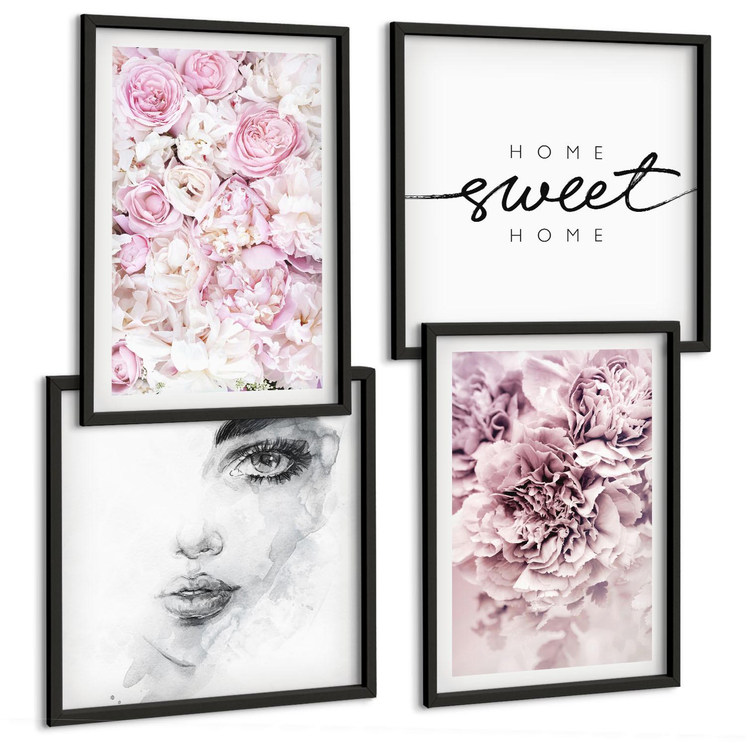 BILDER SET 4er Set - 50x50 cm & 40x60 cm Schwarzer Rahmen - Pfingstrosenporträt einer Frau für Zuhause - Schwarz, Kunststoff (50/50cm) - TULUP